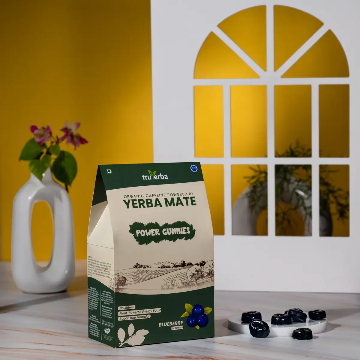 Yerba mate packaging styled with fruit in a sunlit studio set